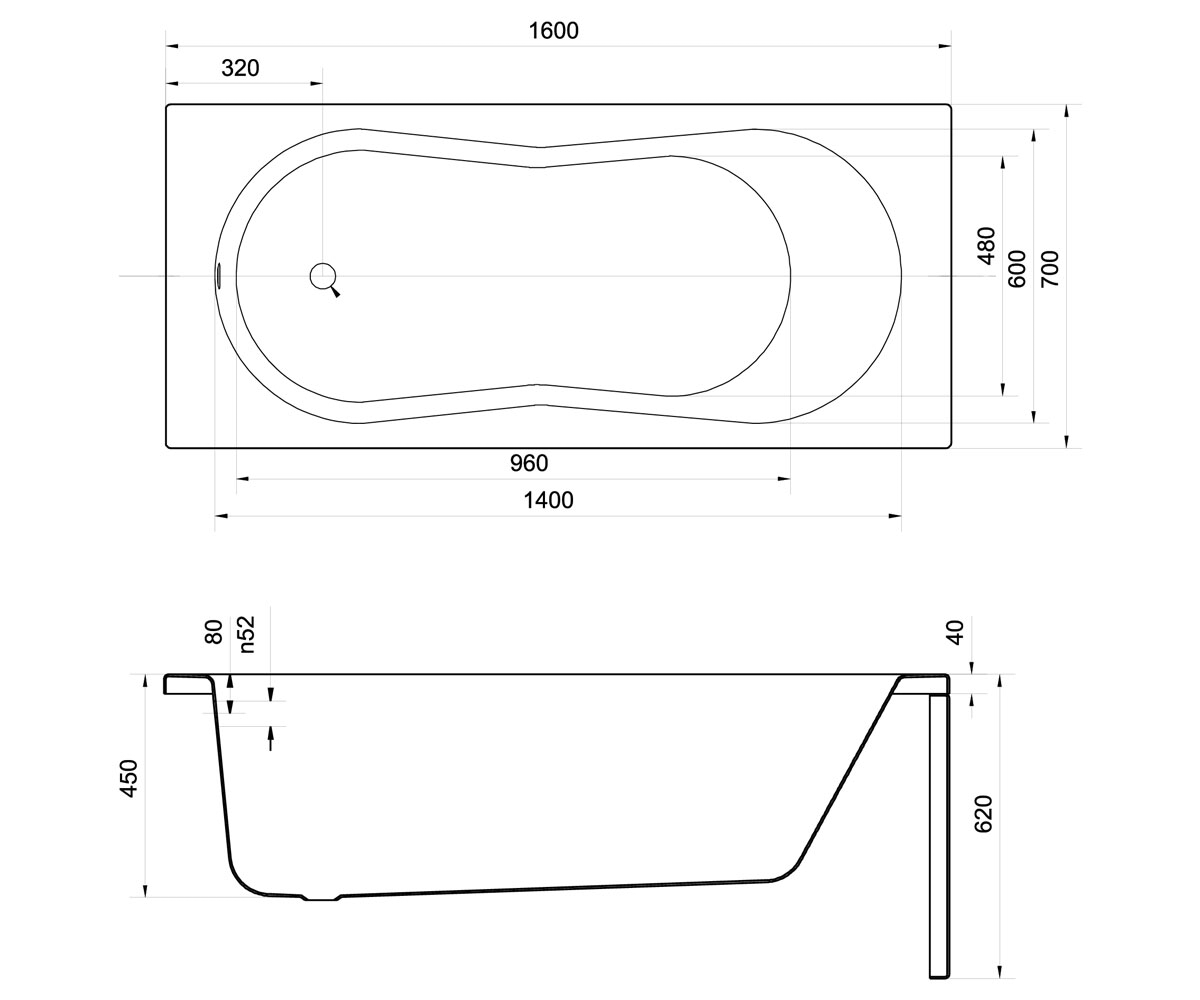 Ванна с ножками 160х70 см  NIKE 00306:Чертеж 