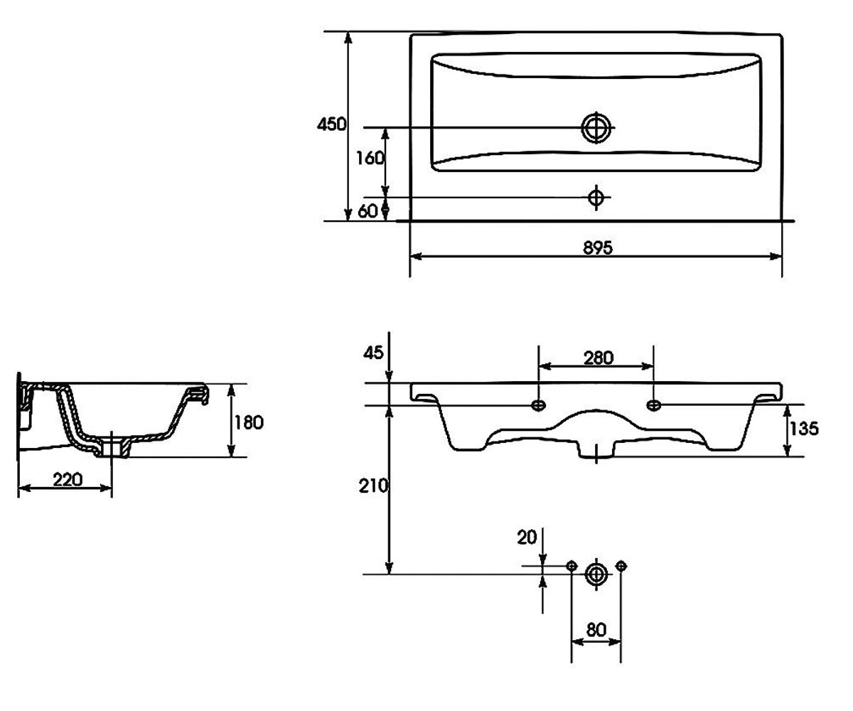 Раковина накладная 90 см  COMO K32-004-BOX90:Чертеж 