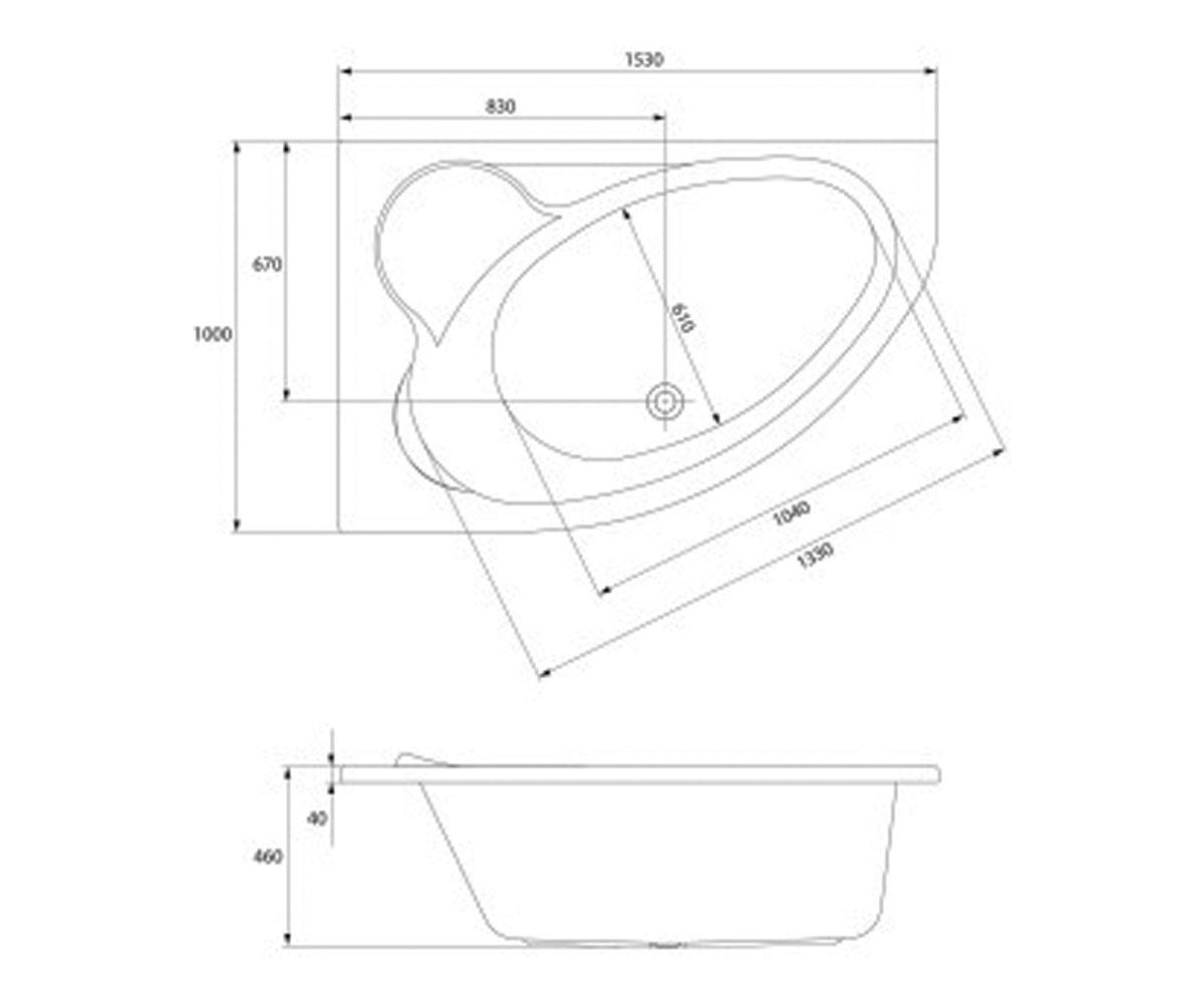Ванна левосторонняя 153х100 см  KALIOPE S301-024:Чертеж 