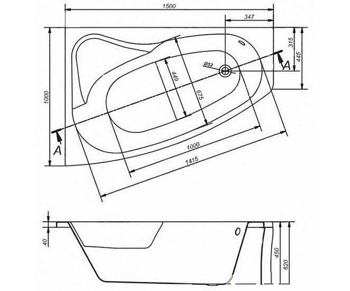 Ванна правая 150х100 см  SICILIA NEW S301-096:Чертеж 