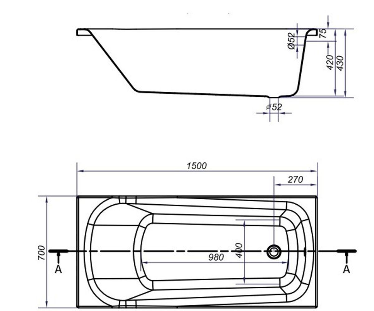 Акриловая ванна 150х70 см  NAO S301-242:Чертеж 