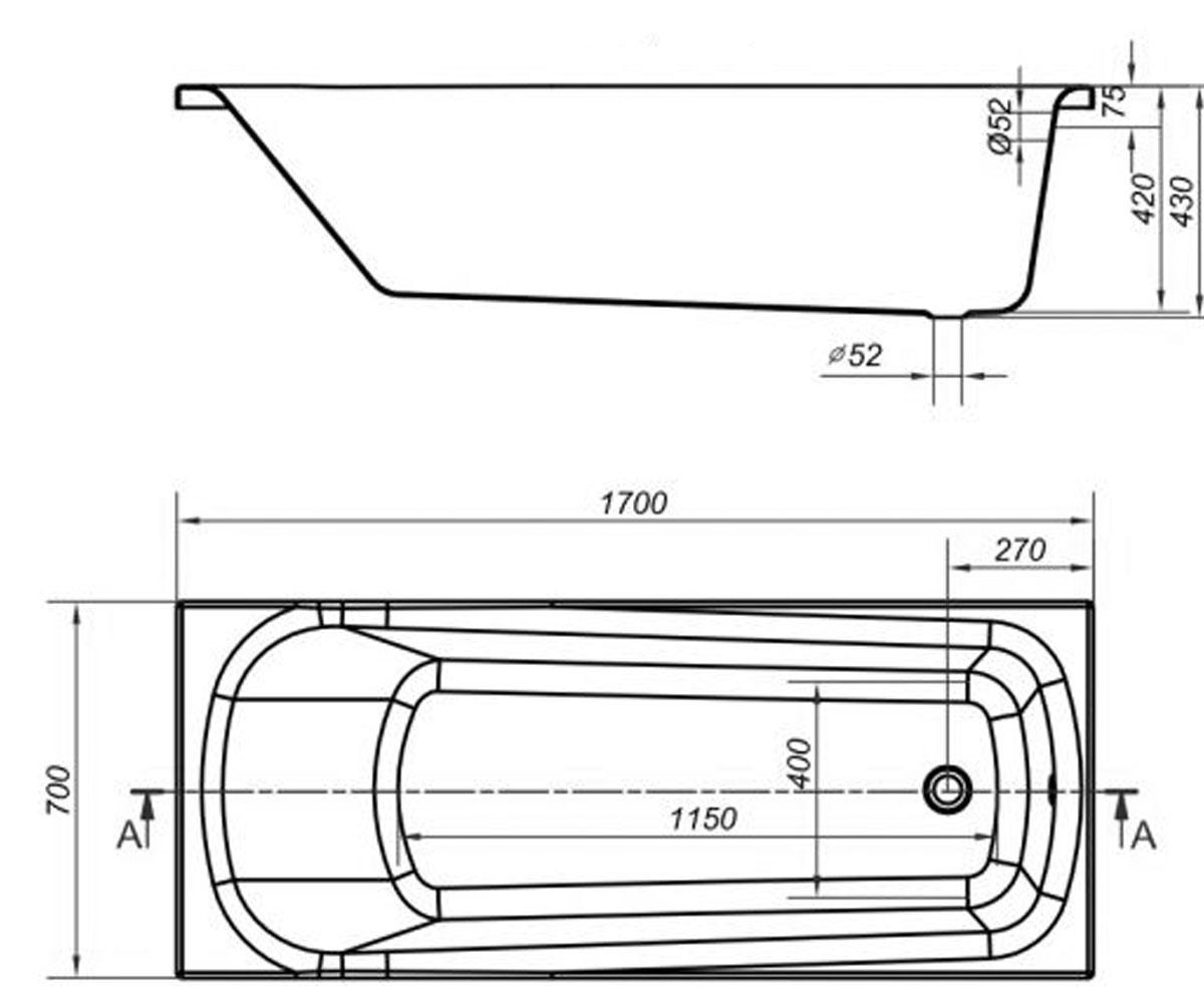 Акриловая ванна 170х70 см  NAO S301-244:Чертеж 