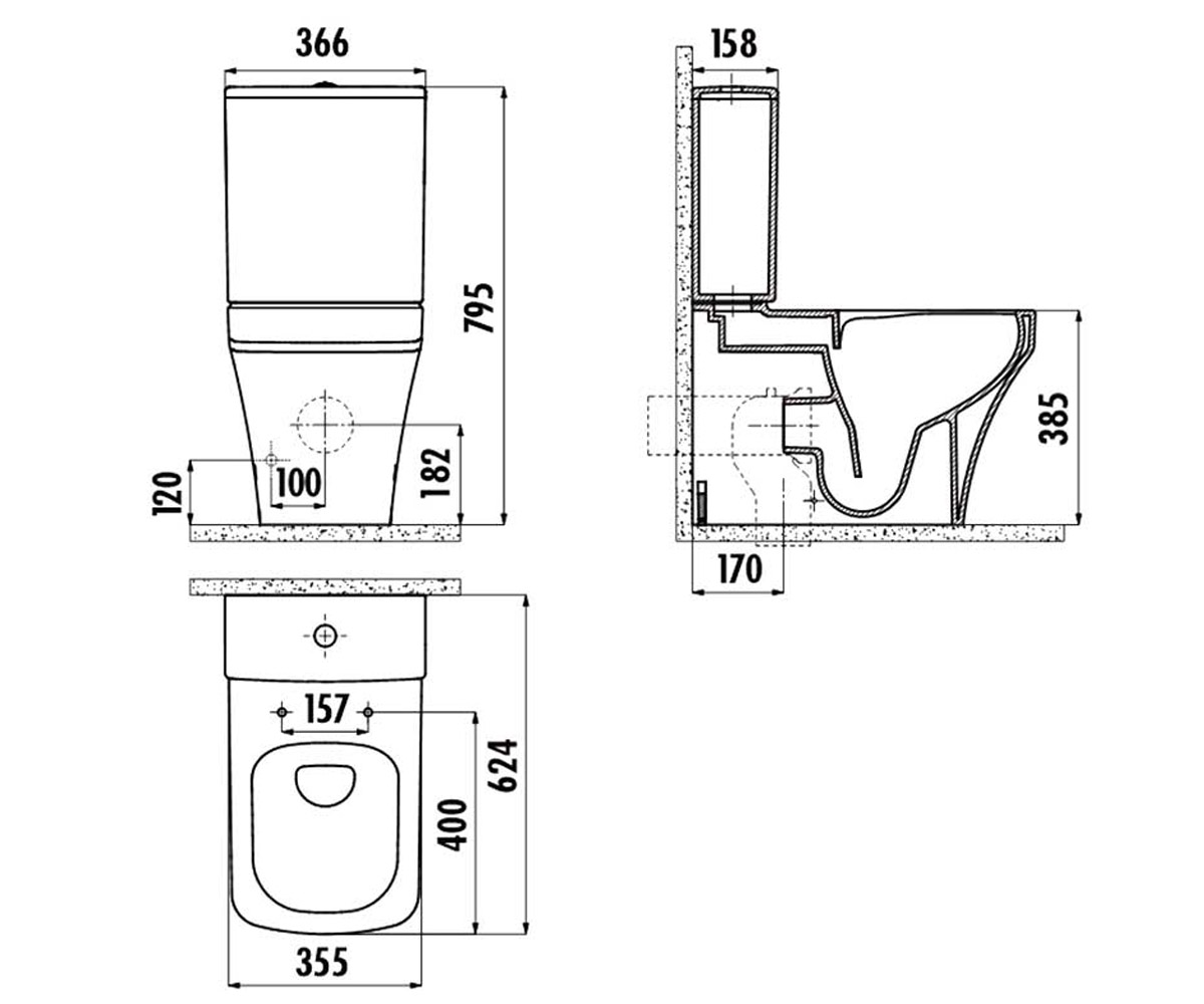 Безободковый унитаз компакт  SOLO SO361.001+SET.UA002+KC5151.00:Чертеж 