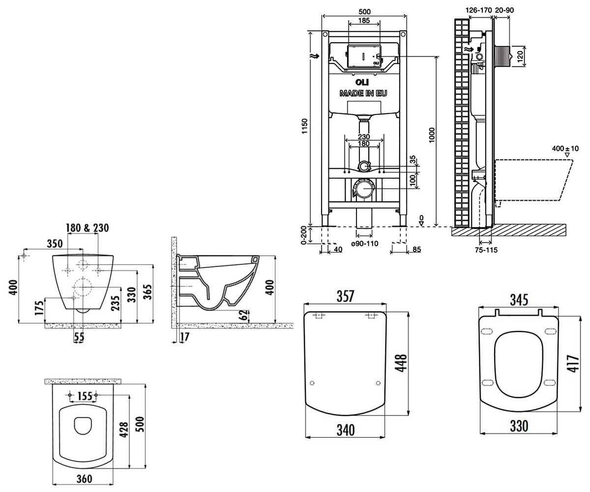 Унитаз с инсталляцией 3 в 1  TETRA TP326-11CB00E-0000+099949:Чертеж 