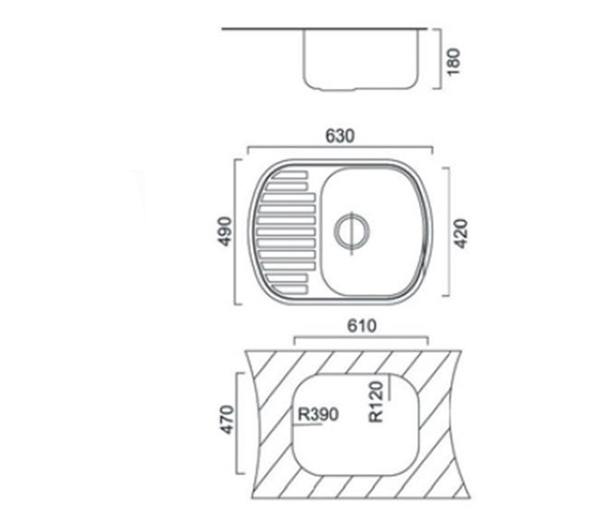 Мойка с крылом 63 см  UA 7704 ZS SATIN:Чертеж 