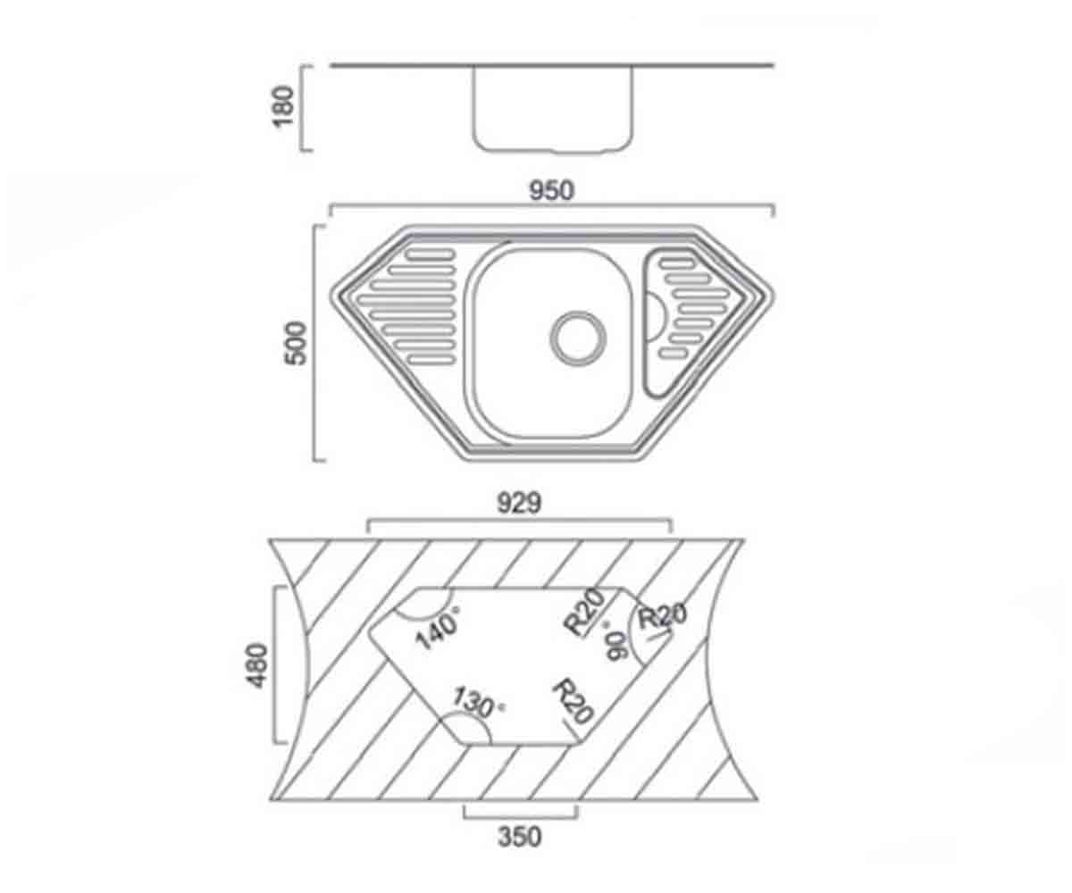 Мойка угловая 95 см  UA 7801 ZS DECOR:Чертеж 