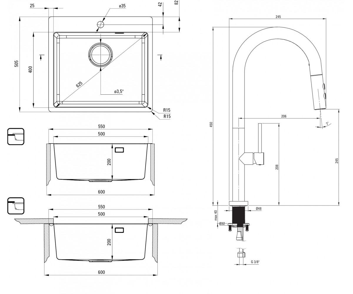 Комплект мойка и смеситель  OLFATO ZPOE010B:Чертеж 