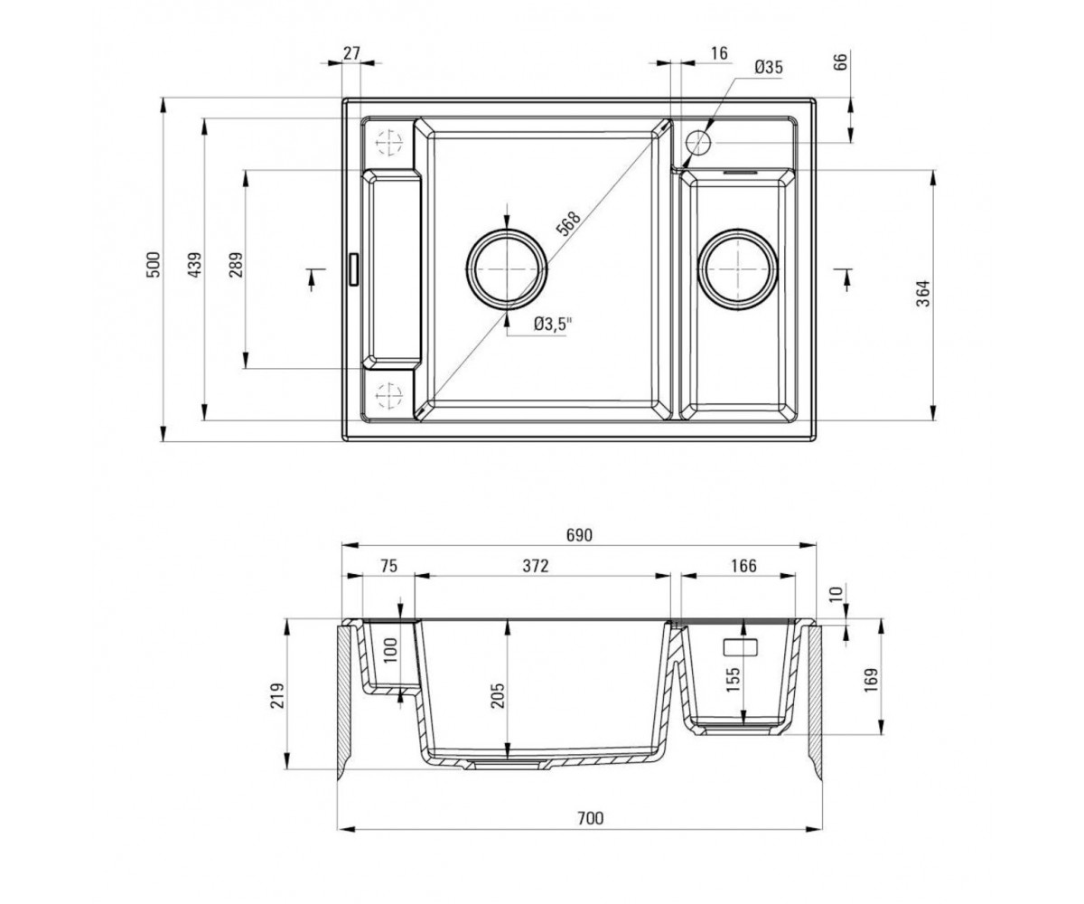 Кухонная мойка, врезной монтаж  MAGNETIC ZRM_A503:Чертеж 