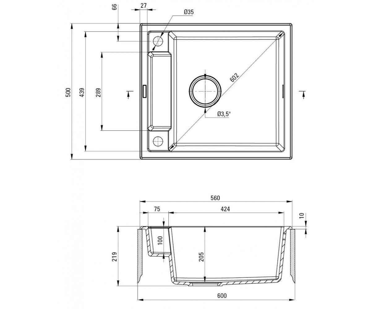 Кухонная мойка с сифоном  MAGNETIC ZRM_G103:Чертеж 