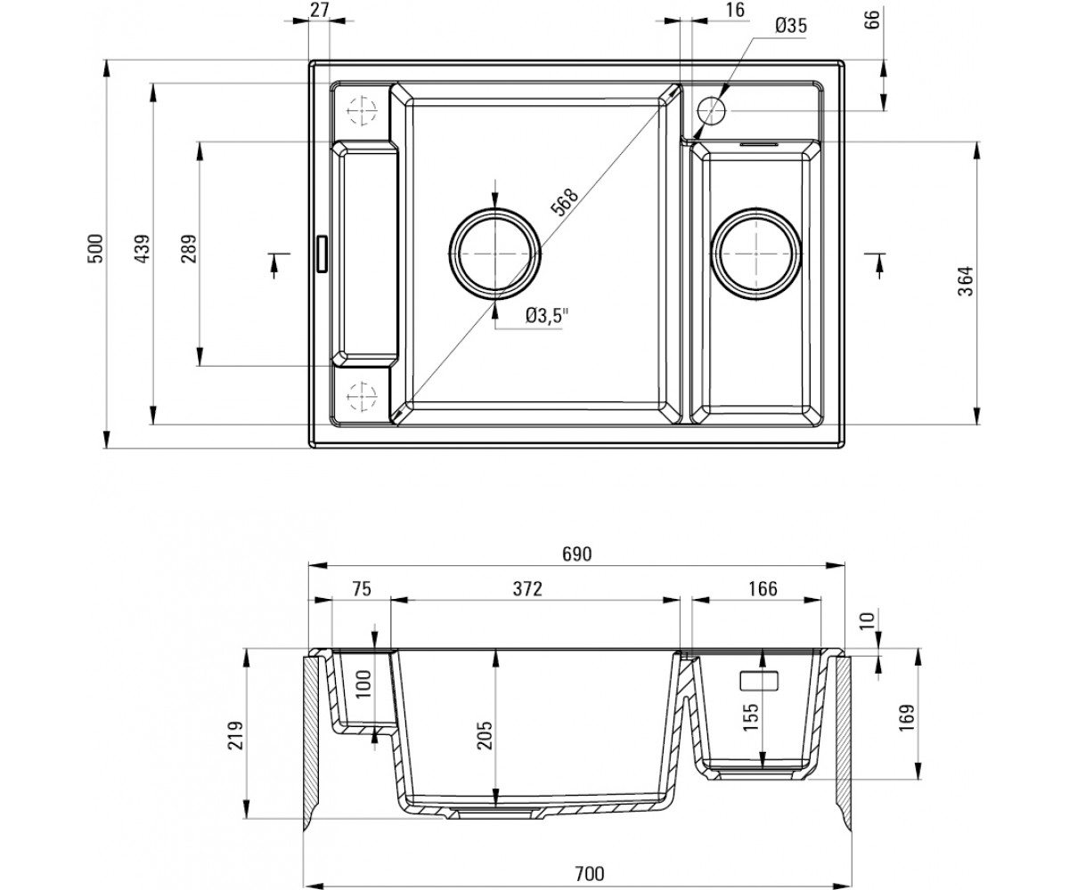 Кухонная мойка, врезной монтаж  MAGNETIC ZRM_N503:Чертеж 