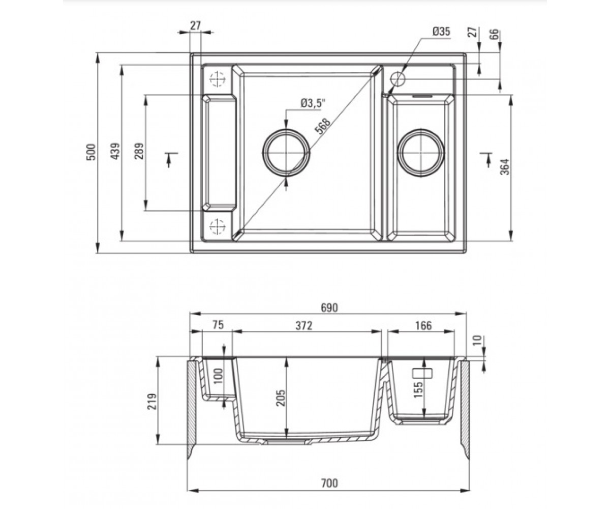 Кухонная мойка, врезной монтаж  MAGNETIC ZRM_T503:Чертеж 