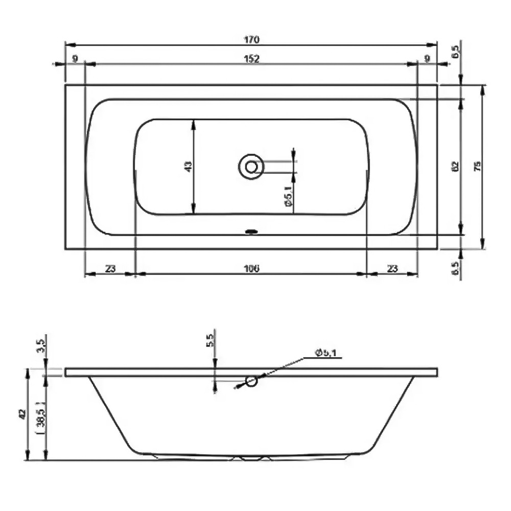 17075345 Comfort S ванна 170x75 см біла + ніжки 207093 (1 сорт)  COMFORT 17075345:Чертеж 