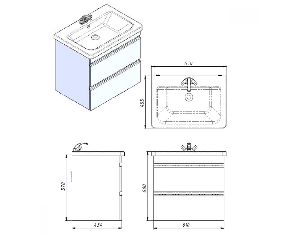 753065W FRAME біла глянцева тумба 65см з раковиною та сифоном (1 сорт)  753065W:Чертеж 