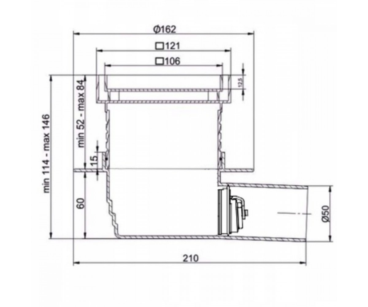 BA0102D Basic душовий трап 10х10 з накладкою під плитку, сухим затвором та з горизонтальним виводом (1 сорт)  BA0102D:Чертеж 