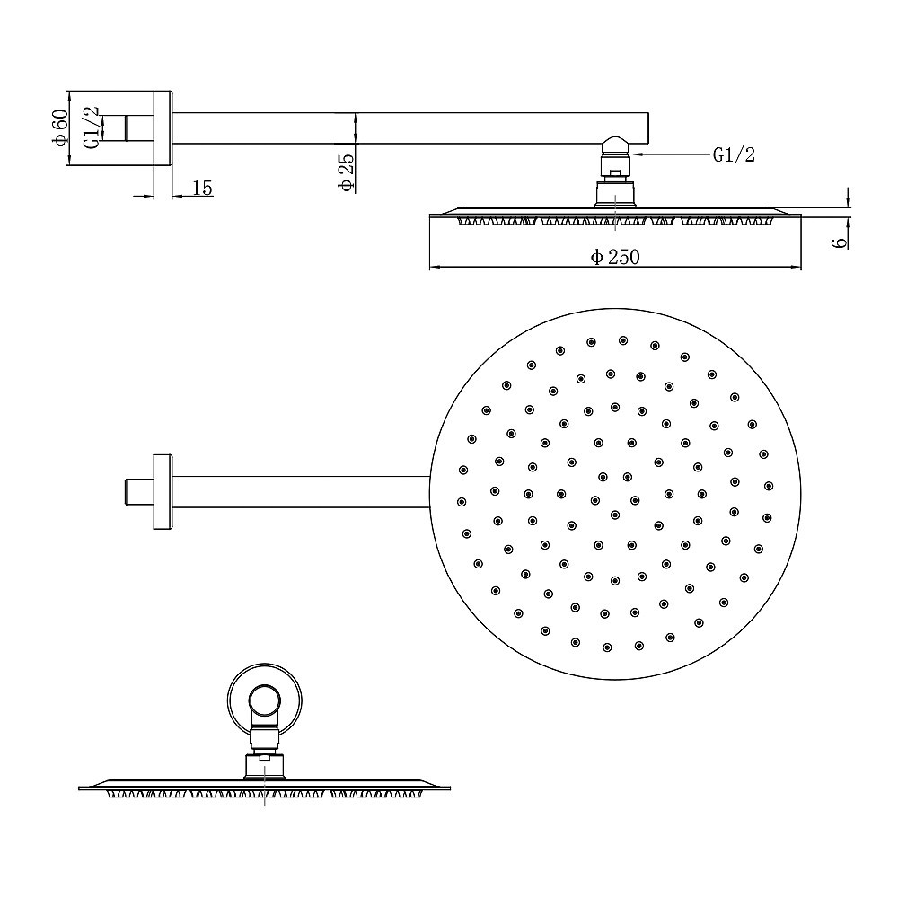 D113000000110C Flow верхня душова лійка d=250 мм з кронштейном, хром (1 сорт)  D113000000110C:Фото 1