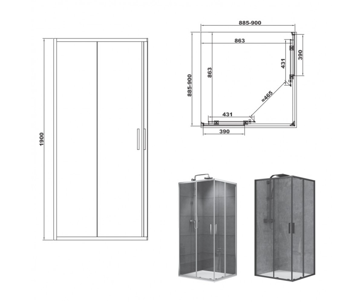 FEN2140B ART 2.0 кабіна душова, квадратна, розсувна, колір - чорний матовий, 900*900, без піддона, скло прозоре (1 сорт)  FEN214