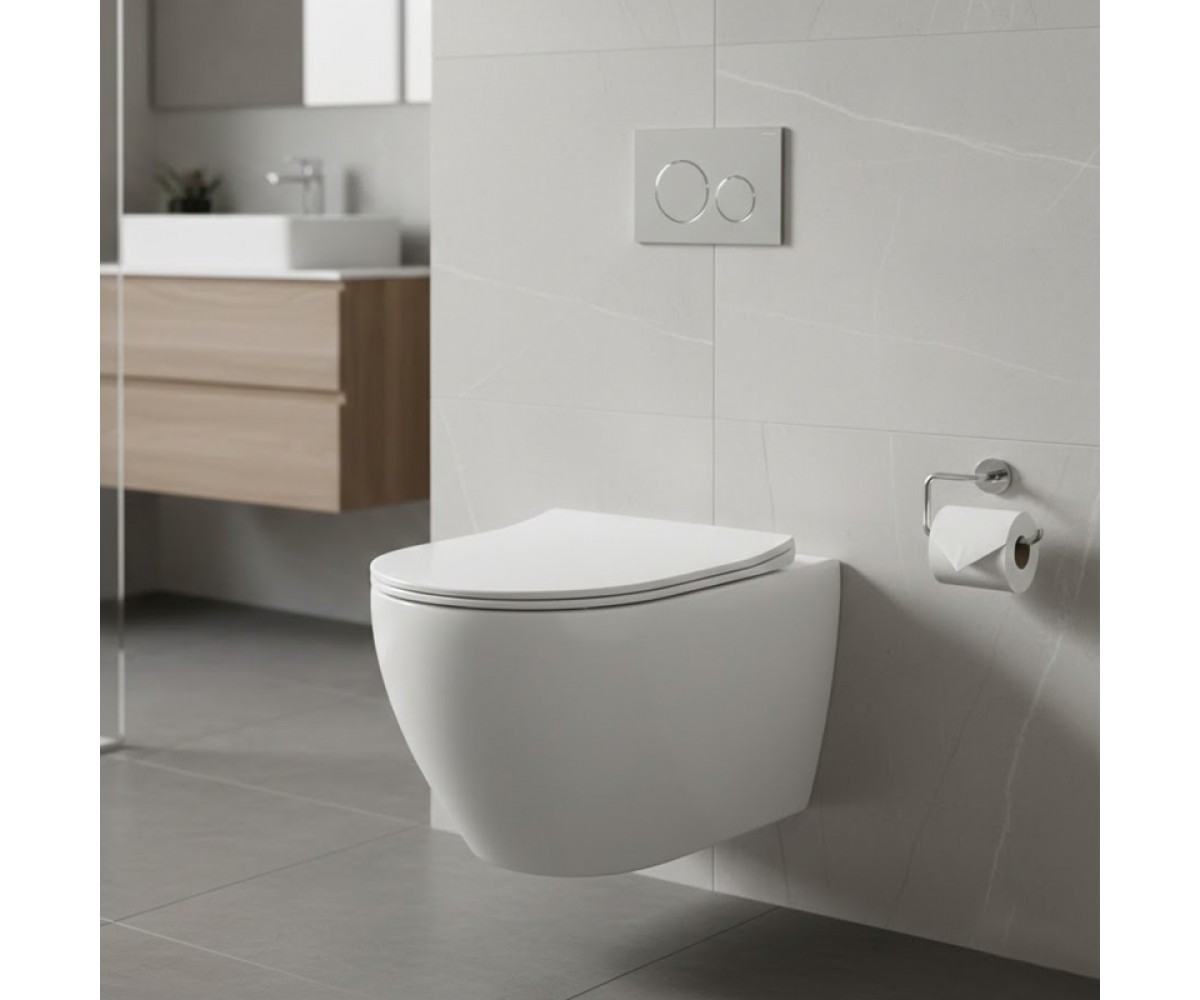 HT-1014C-WHT008 AQUAMOD унітаз підвісний безобідковий з турбозмивом з кришкою quick-fix, soft-close (1 сорт)  HT-1014C-WHT008:Фо
