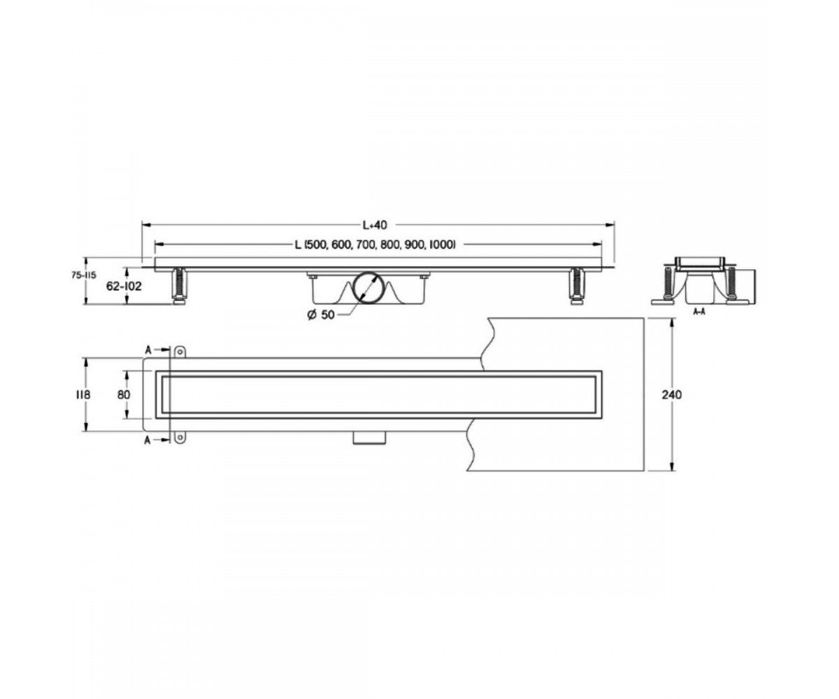 UN60220 Universal душовий канал 60 з нержавіючої сталі та низьким сифоном і накладкою, з горизонтальним виводом, хром (1 сорт)  