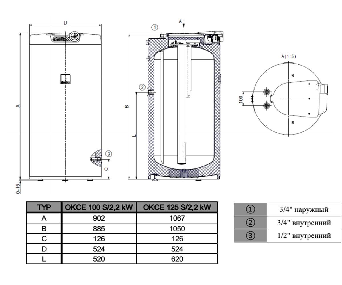 Бойлер электрический 125 л  OKCE 125 S/2,2KW 110311101:Чертеж 