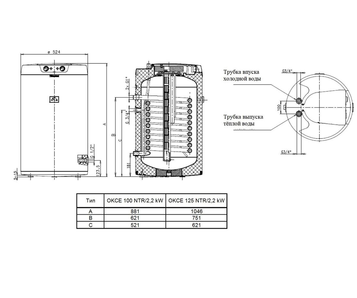 Бойлер косвенного нагрева 125 л  OKCE 125 NTR/2,2KW 110370101:Чертеж 