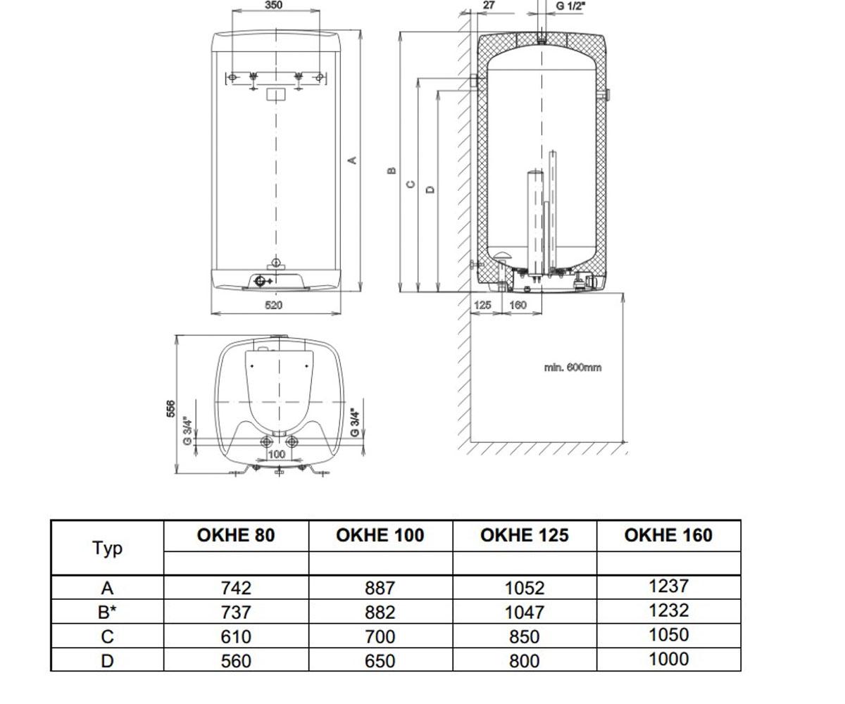 Бойлер электрический 80 л  OKHE 80 140110801:Чертеж 