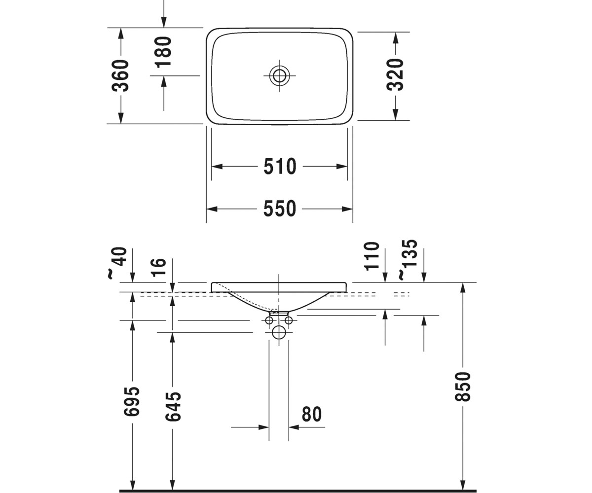 Раковина врезная  DURASTYLE 037755-00-00:Чертеж 