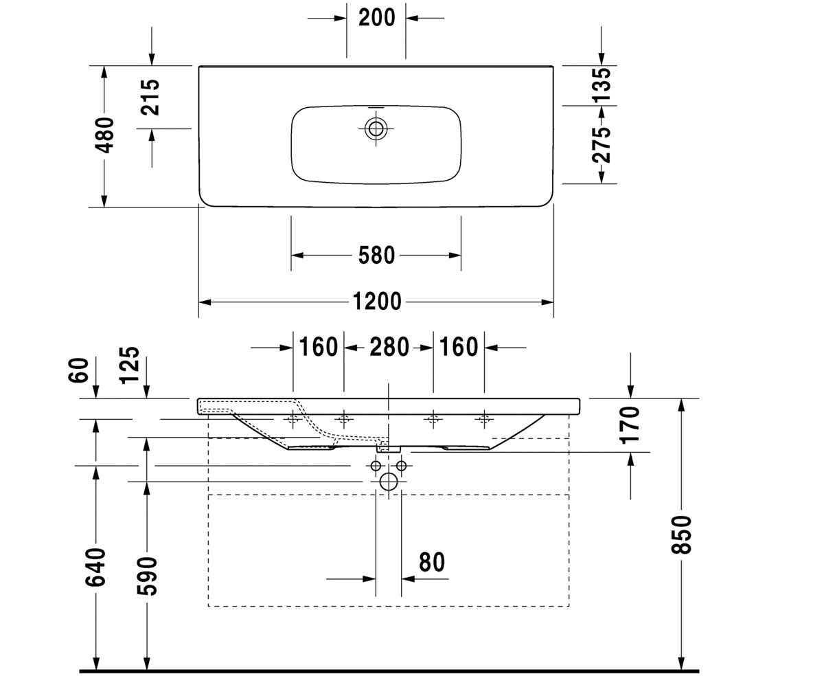 Прямоугольная раковина 120 см  DURASTYLE 232012-00-60:Чертеж 