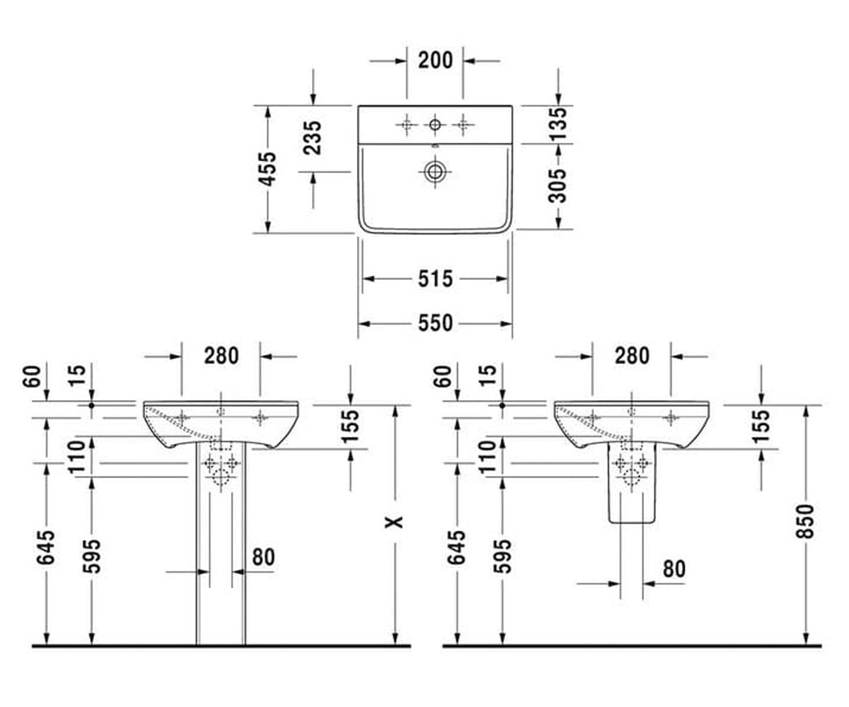 Раковина керамическая  P3 COMFORTS 233155-00-00:Чертеж 