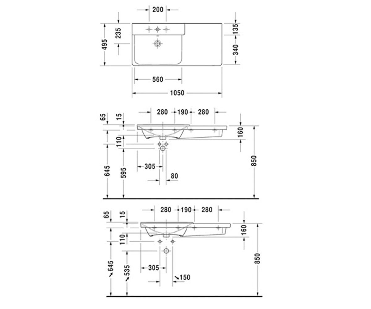 Умывальник с правым крылом  P3 COMFORTS 233310-00-00:Чертеж 