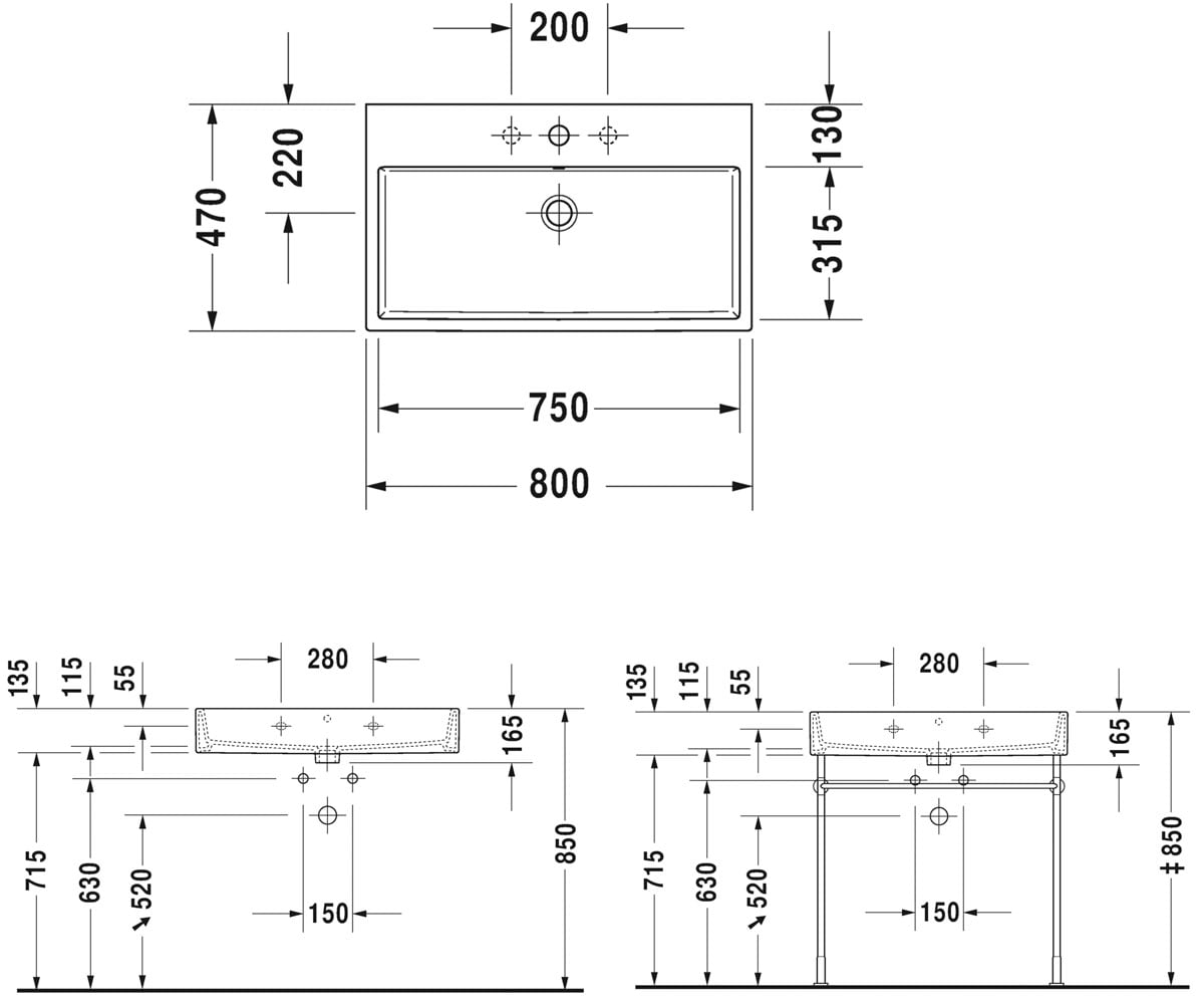 Раковина прямоугольная 80 см  VERO AIR 2350800027:Чертеж 