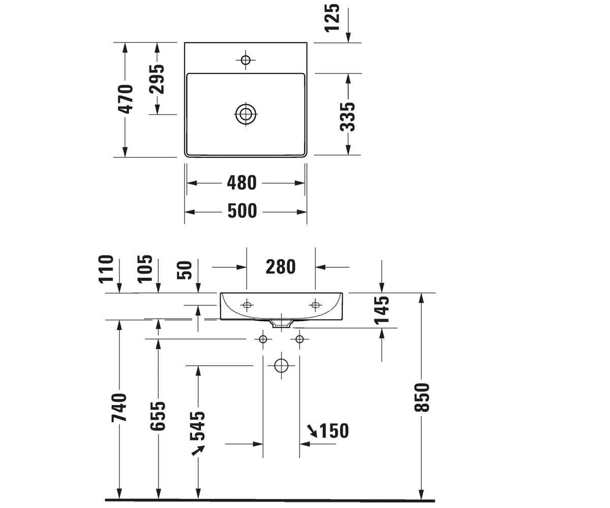 Раковина прямоугольная 50 см  DURASQUARE 2353500041:Чертеж 