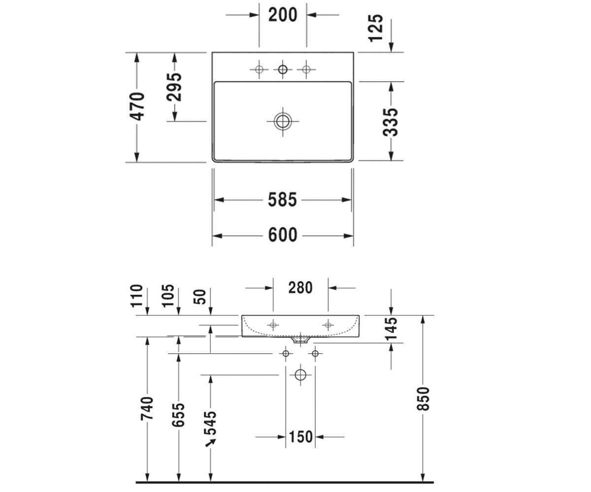 Прямоугольная раковина 60 см  DURASQUARE 2353600041:Чертеж 