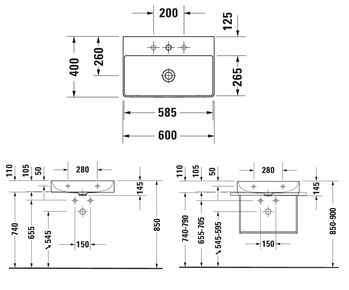 Прямоугольная раковина 60 см  DURASQUARE 2356600041:Чертеж 