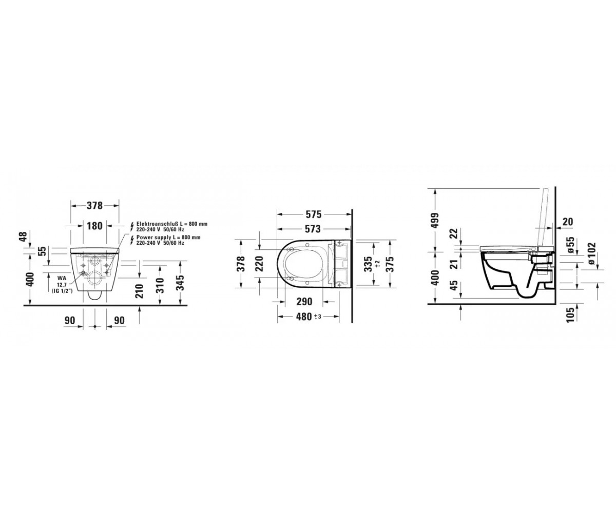 Подвесной унитаз с функцией биде  SENSOWASH STARCK F PLUS 650000012004320:Чертеж 