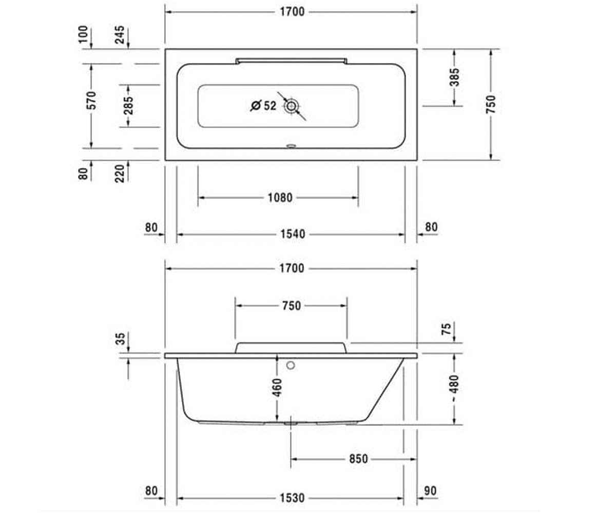 Ванна акриловая 170х75 см  DURASTYLE 700297000000000:Чертеж 