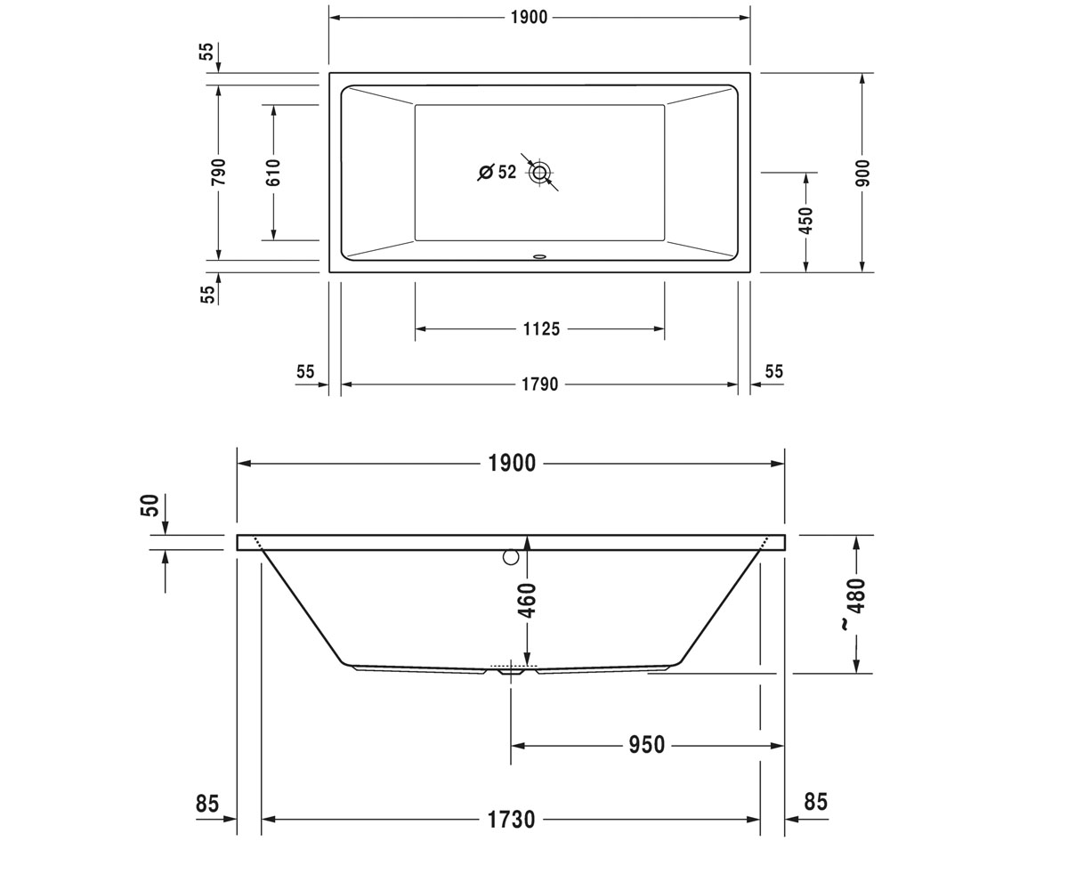 Ванна прямоугольная 190х90 см  VERO AIR 7004140000000000:Чертеж 