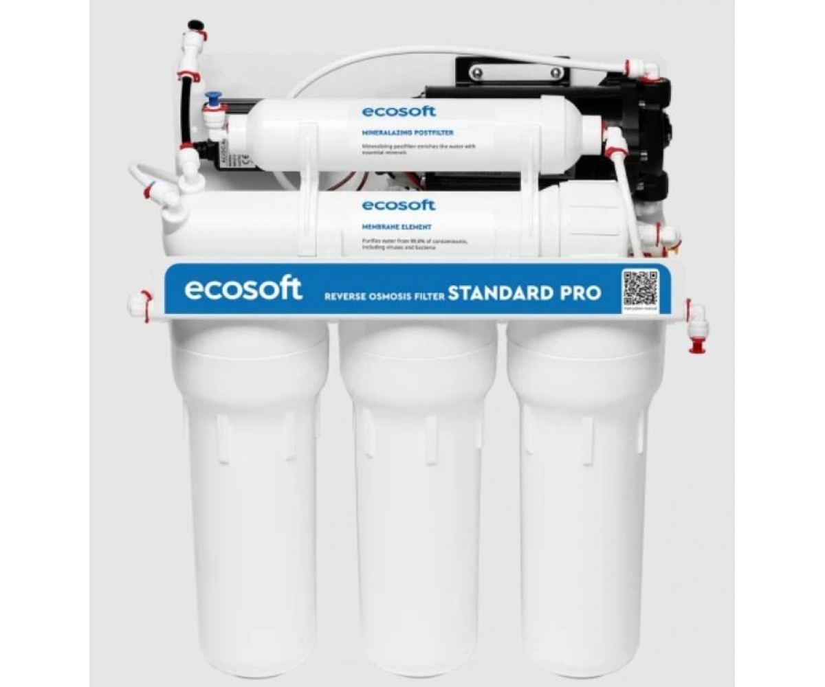 Фільтр зворотного осмосу Ecosoft Standard 5-50P PRO з помпою та мінералізатором, мембрана 50gpd, кран капля, дренаж 1:2 ECOSOFT  MO550MPECOSTD MO550MPECOSTD