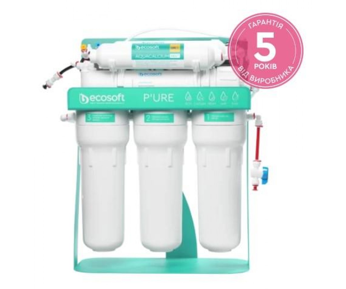 Фільтр зворотного осмосу Ecosoft P’URE AQUACALCIUM Mint з помпою на станині, мембрана 75gpd DuPont, картридж AquaCalcium збагачує мінералами, дренаж 1 MO675PSMACECO
