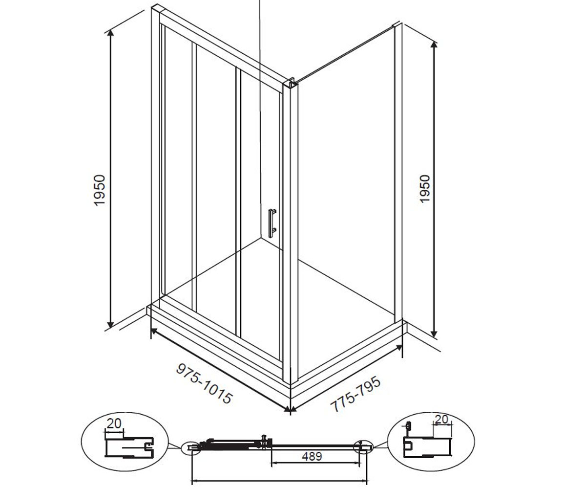 Душевая кабина 100х80 см  LEXO 599-811/1:Чертеж 