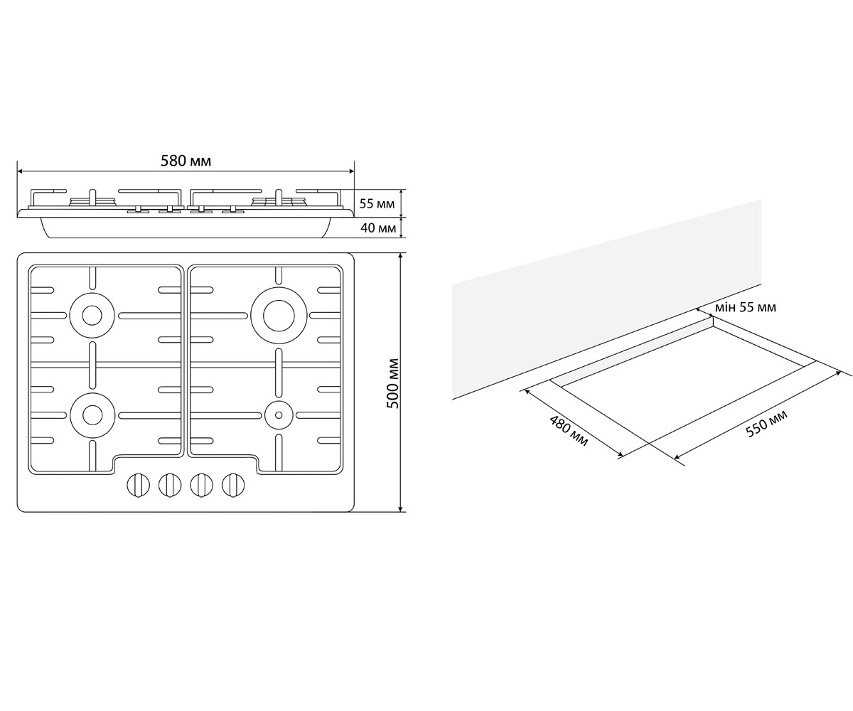 Поверхность газовая  GRACIA 60 WH E 8377:Чертеж 