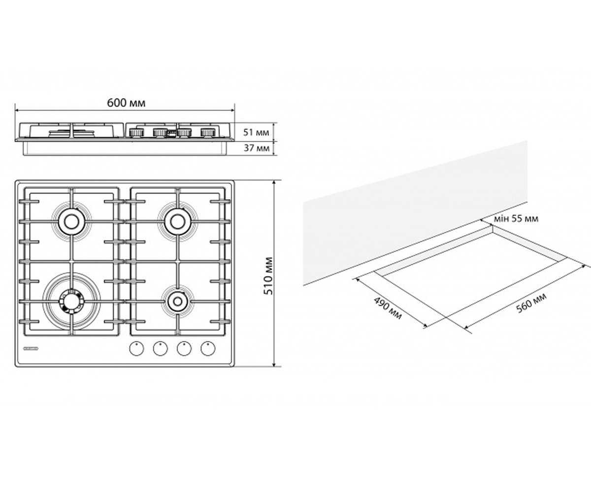 Газовая поверхность  LINDA 60 WH CTF 8418:Чертеж 