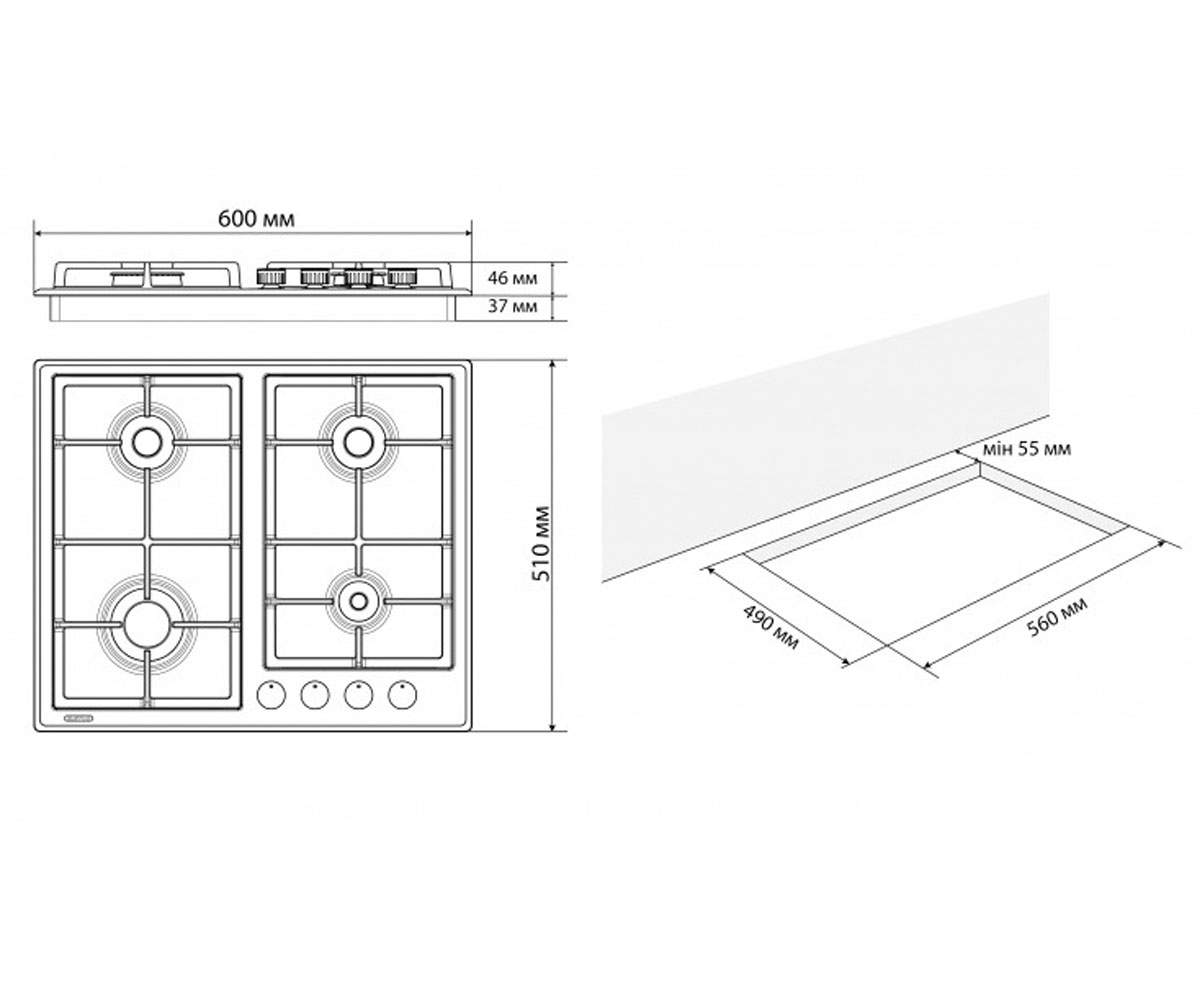 Газовая поверхность  NIKA 60 WH CF 9374:Чертеж 