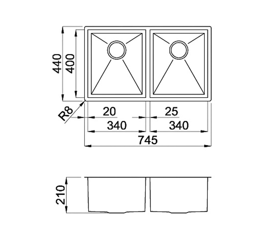 Двойная мойка из стали  SQUARE 720 2V ON TOP:Чертеж 