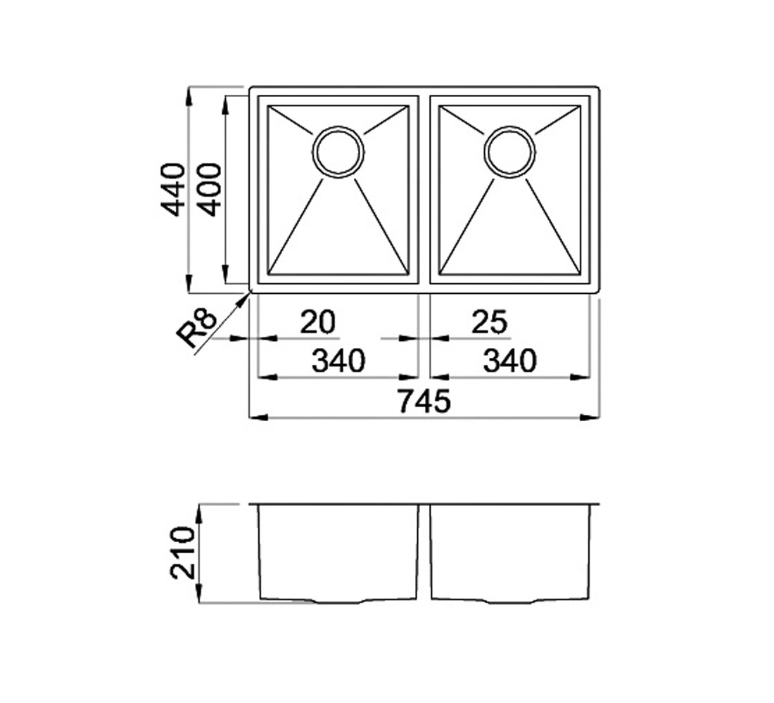 Стальная мойка  SQUARE SQUARE 720 2V UNDER TOP:Чертеж 