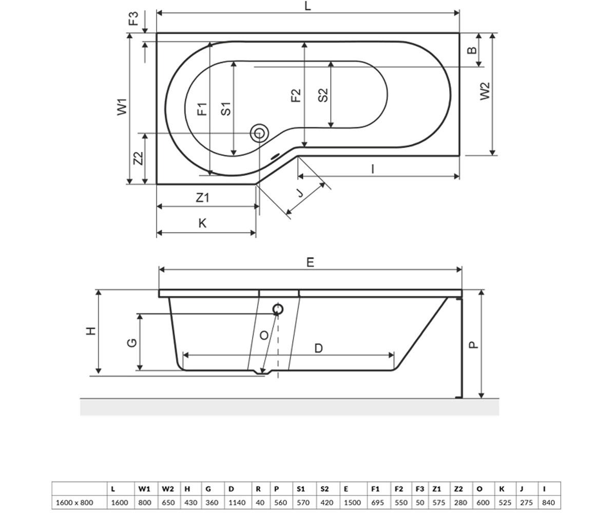 Левосторонняя ванна 160 см  BE SPOT WAEX.BSL16WH:Чертеж 