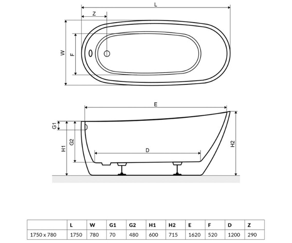 Ванна овальная 175х78 см  COMFORT WAEX.COM17WB:Чертеж 