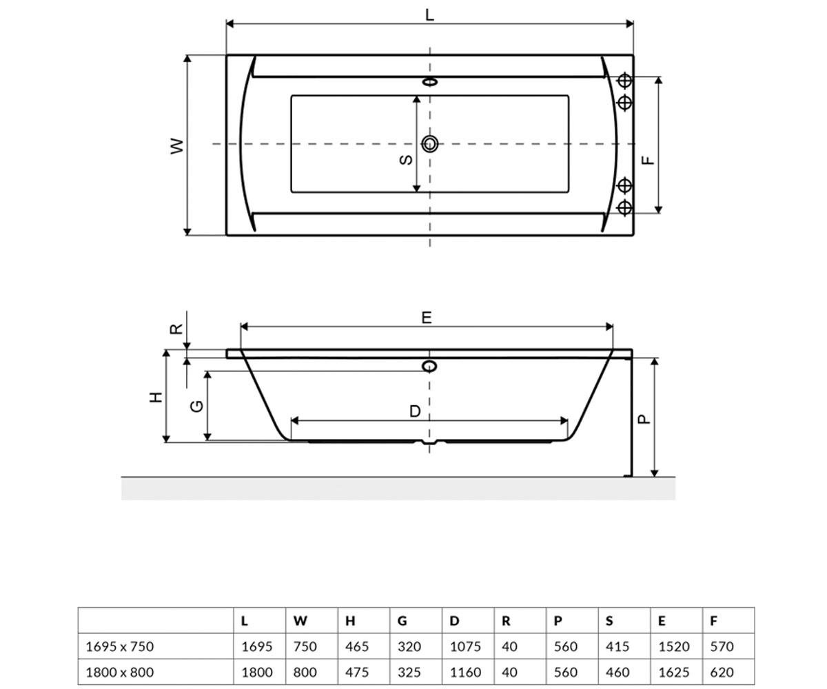 Прямоугольная ванна 180 см  CROWN 11 WAEX.CRO18WH:Чертеж 
