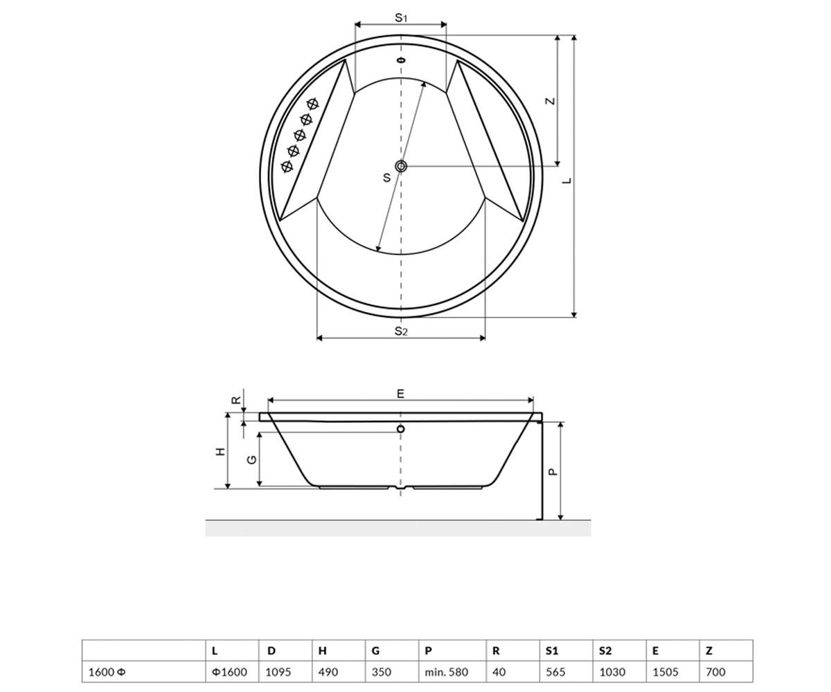Ванна круглая 160 см  GREAT ARC WAEX.GRE16WH:Чертеж 