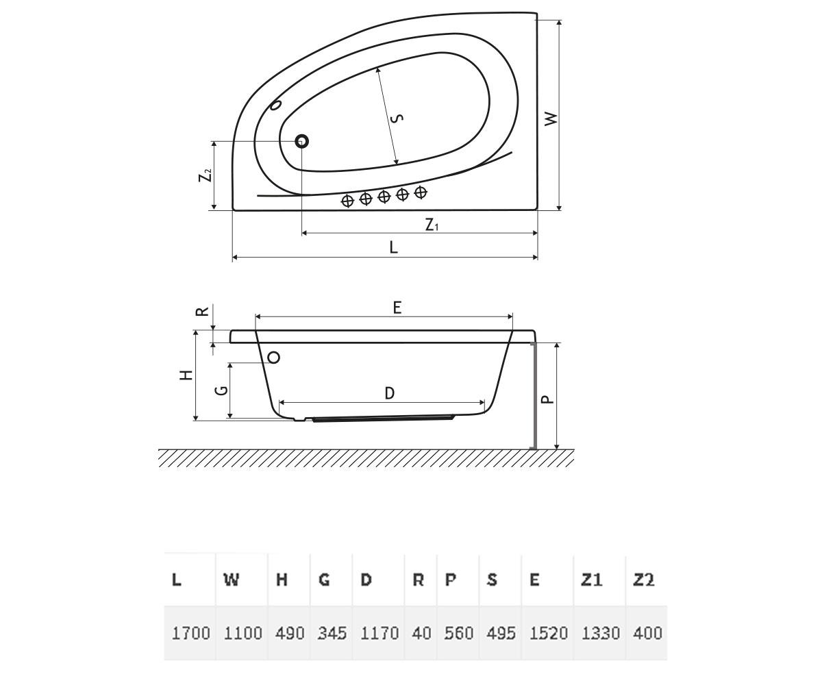 Правостороняя ванна 170 см  KAMELEON WAEX.KMP17WH:Чертеж 