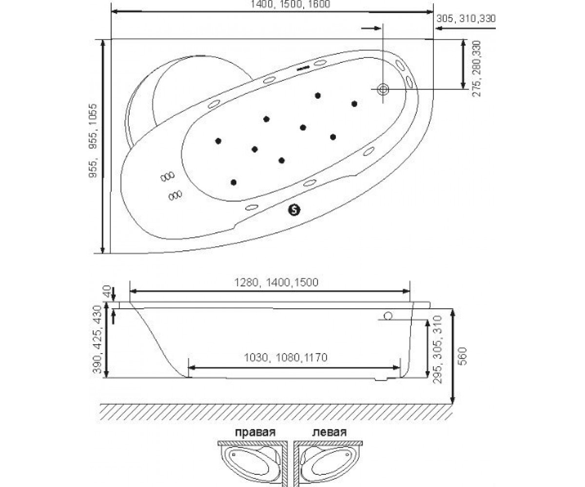 Угловая ванна левая  LAGUNA II WAEX.LGL15WH:Чертеж 
